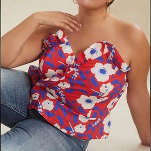 Anthropologie Red, White & Blue Floral One-Shoulder Top